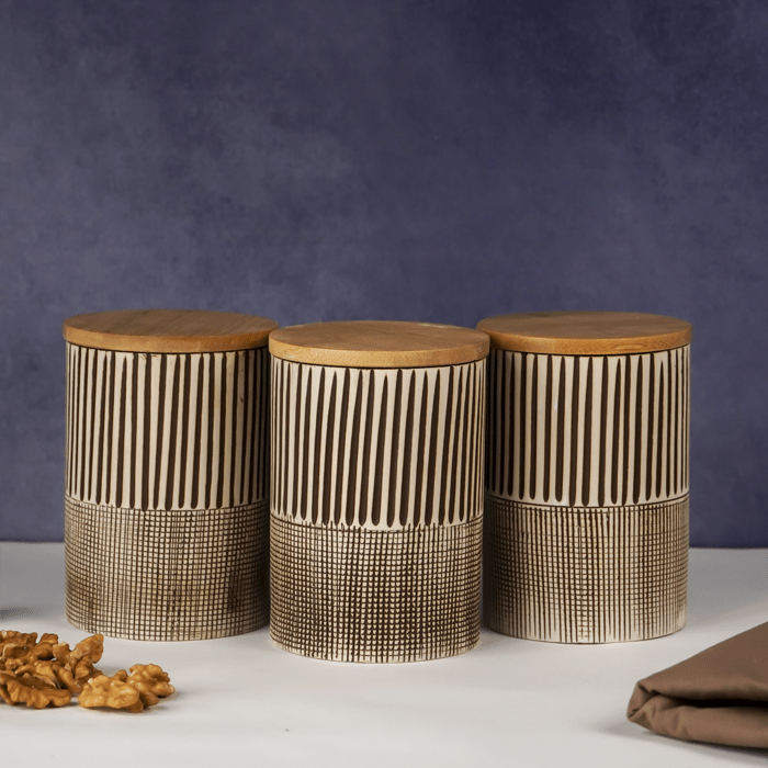 Beige Textured Storage Jar with Lid - Set of 3 - The Golden Theory