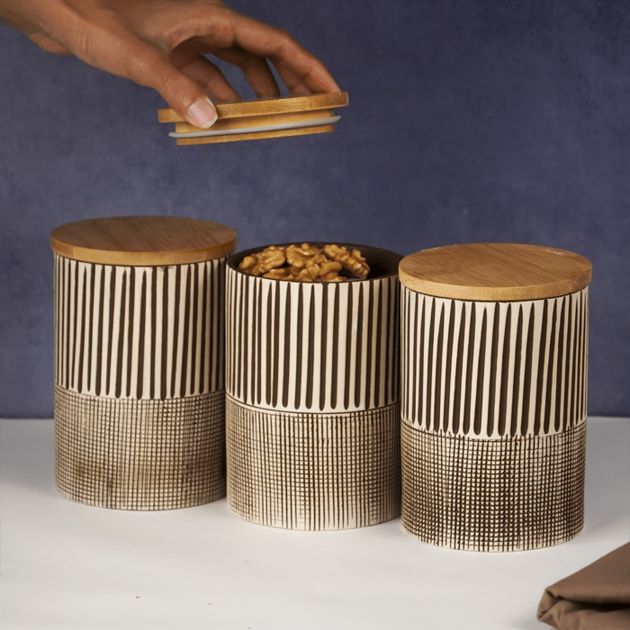 Beige Textured Storage Jar with Lid - Set of 3 - The Golden Theory