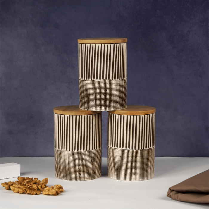 Beige Textured Storage Jar with Lid - Set of 3 - The Golden Theory