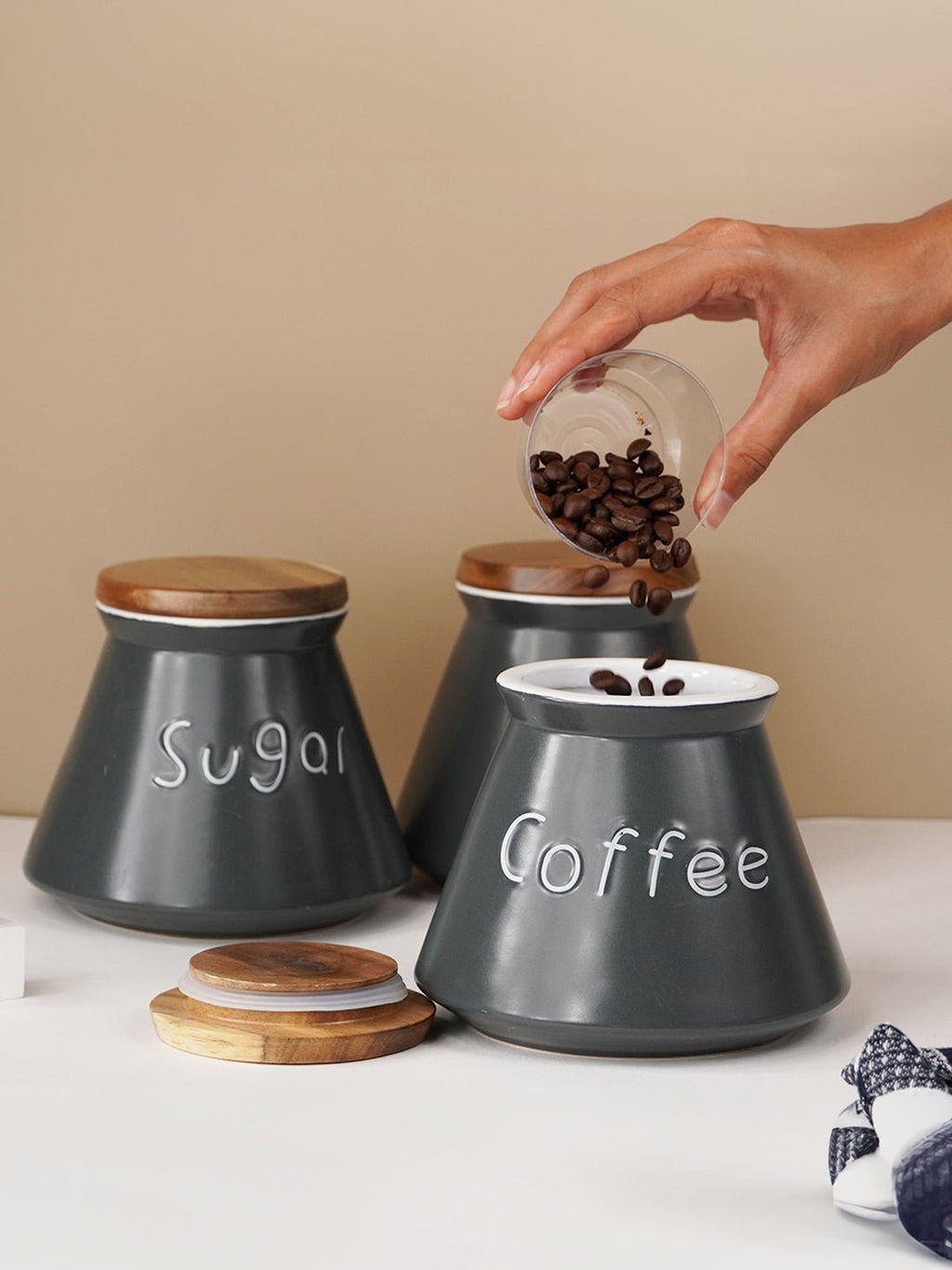 Black Airtight Canister Set of 3 with Wooden Airtight Lid - The Golden Theory
