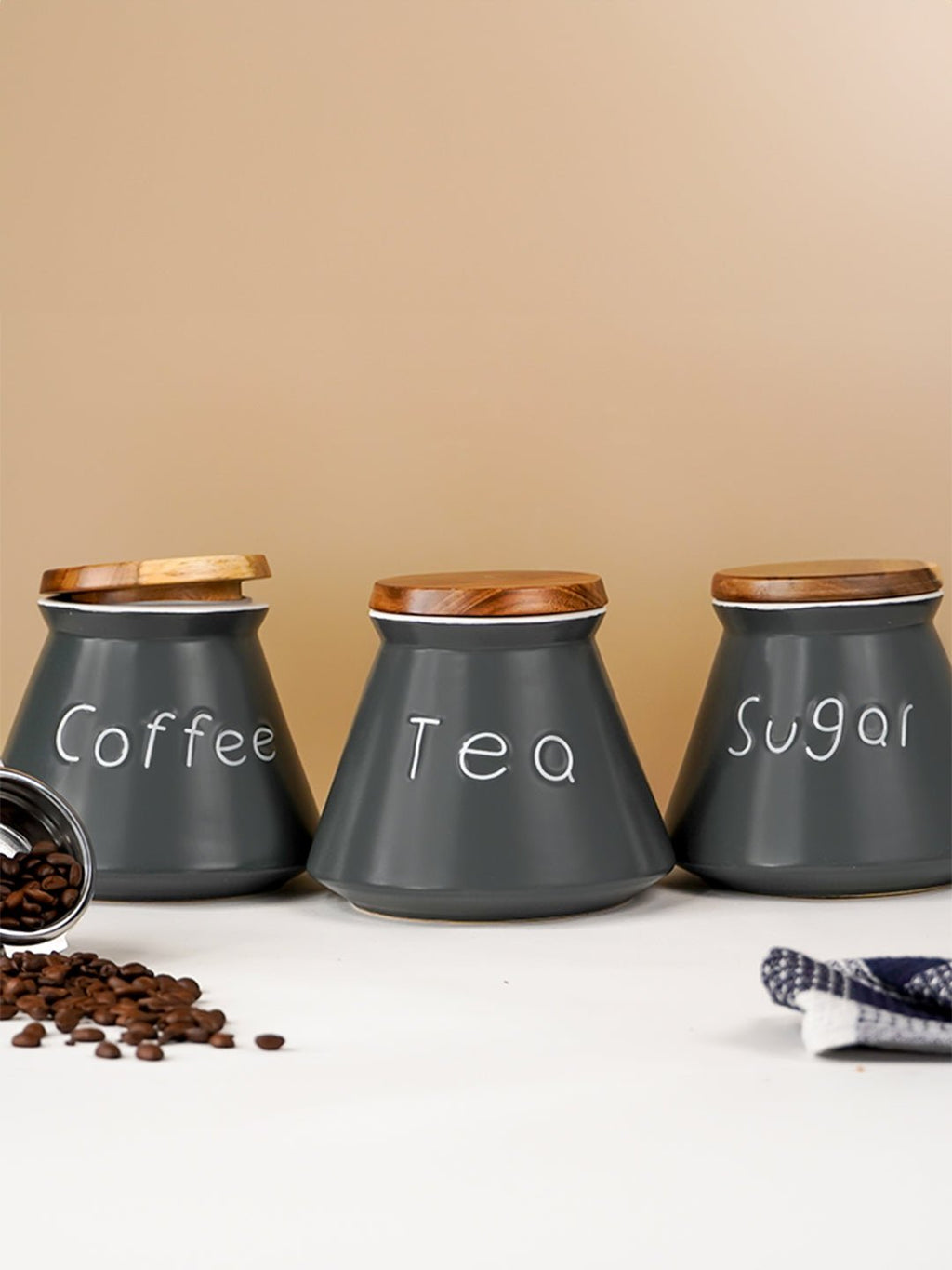 Black Airtight Canister Set of 3 with Wooden Airtight Lid - The Golden Theory