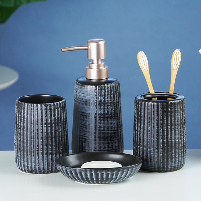 Black and Blue Brushed Ceramic Bathroom Set of 4 - The Golden Theory Main image