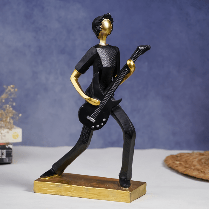 Black and Gold Guitar Player Sculpture - Modern Musician Decor - The Golden Theory