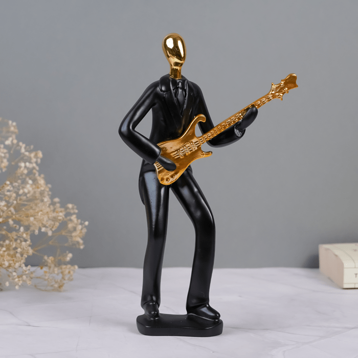 Black and Gold Musician Sculpture with Guitar - Modern Art Decor - The Golden Theory