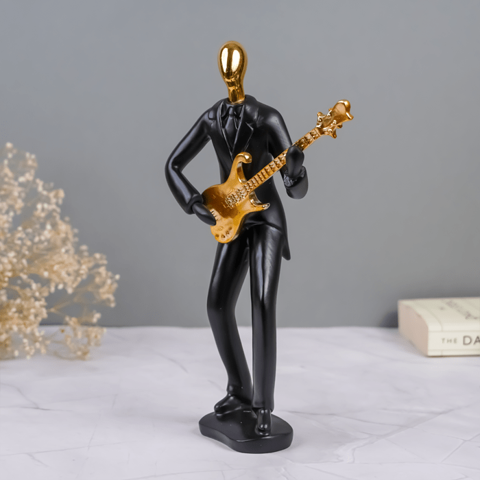 Black and Gold Musician Sculpture with Guitar - Modern Art Decor - The Golden Theory