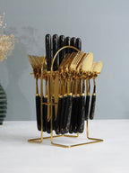 Black and Gold Stainless Steel Cutlery Set of 24 - The Golden Theory