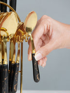 Black and Gold Stainless Steel Cutlery Set of 24 - The Golden Theory