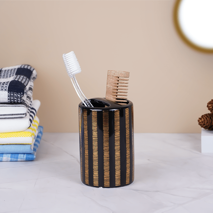Black and Gold Striped Bathroom Set – Luxurious Ceramic Bath Accessories - The Golden Theory