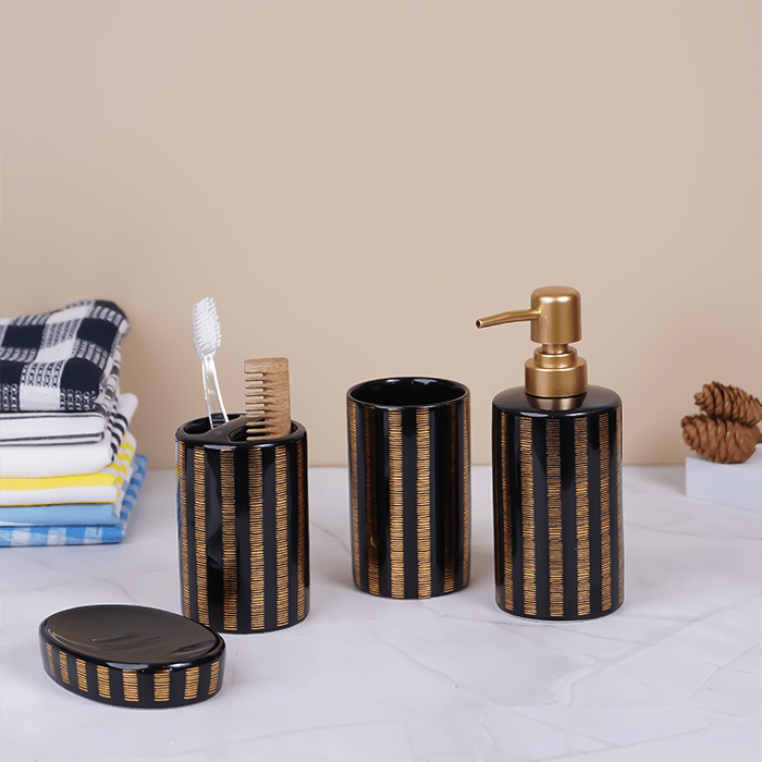 Black and Gold Striped Bathroom Set – Luxurious Ceramic Bath Accessories - The Golden Theory Main image