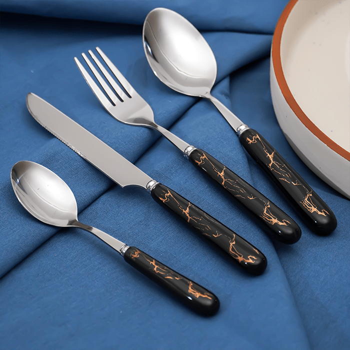Black and Silver Stainless Steel Cutlery Set of 24 - The Golden Theory