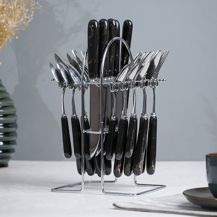 Black and Silver Stainless Steel Cutlery Set of 24 - The Golden Theory Main image