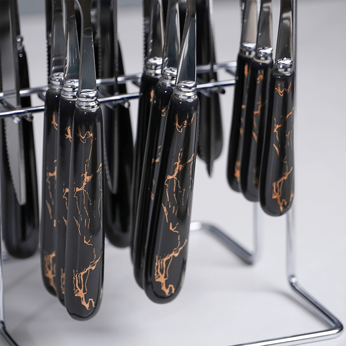 Black and Silver Stainless Steel Cutlery Set of 24 - The Golden Theory