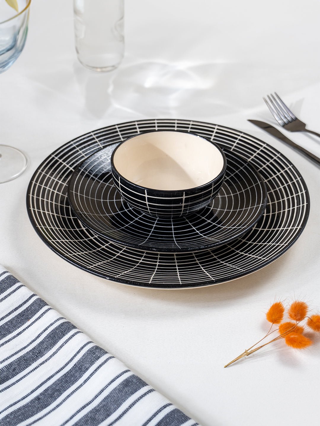 Black and White Grid Ceramic Dinnerware - Set of 18 Secondary image