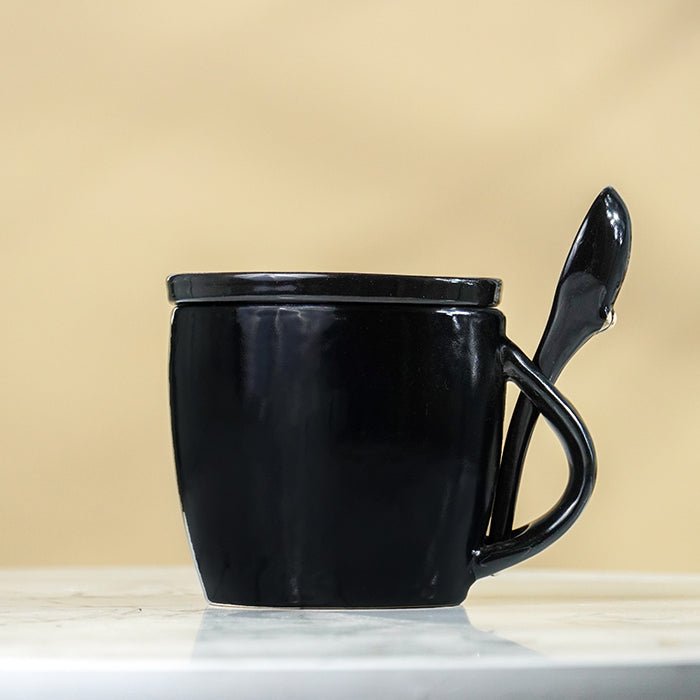 Black Ceramic Mug Set with Lid and Spoon - The Golden Theory