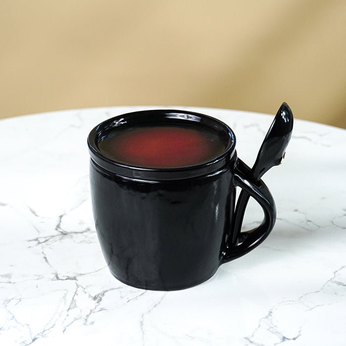 Black Ceramic Mug Set with Lid and Spoon - The Golden Theory