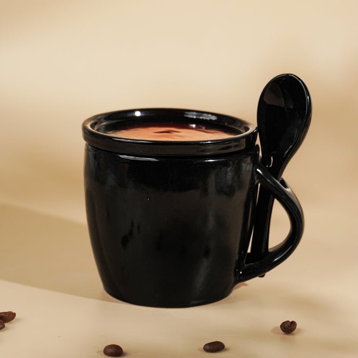 Black Ceramic Mug Set with Lid and Spoon - The Golden Theory