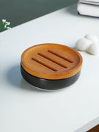 Black Ceramic with Bamboo Bathroom Set of 4 - The Golden Theory