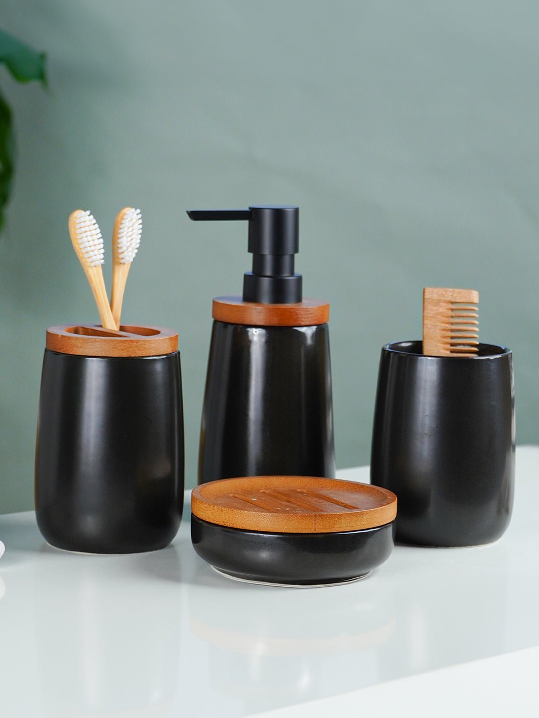 Black Ceramic with Bamboo Bathroom Set of 4 - The Golden Theory Main image