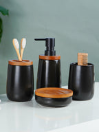 Black Ceramic with Bamboo Bathroom Set of 4 - The Golden Theory