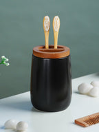 Black Ceramic with Bamboo Bathroom Set of 4 - The Golden Theory