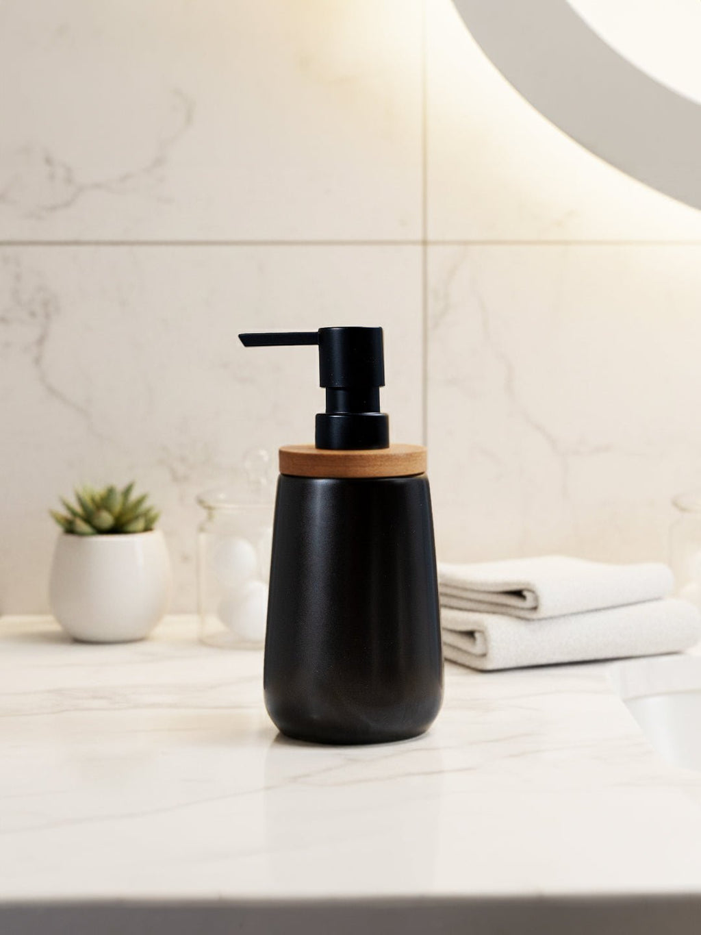 Black Ceramic with Bamboo Soap Dispenser - The Golden Theory