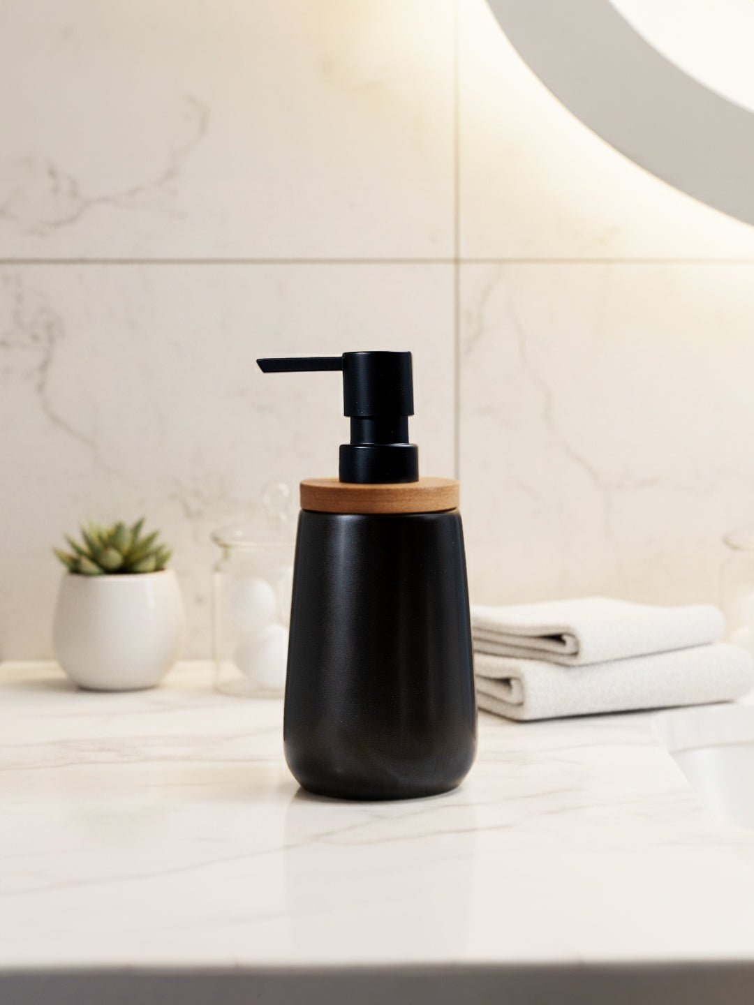 Black Ceramic with Bamboo Soap Dispenser - The Golden Theory