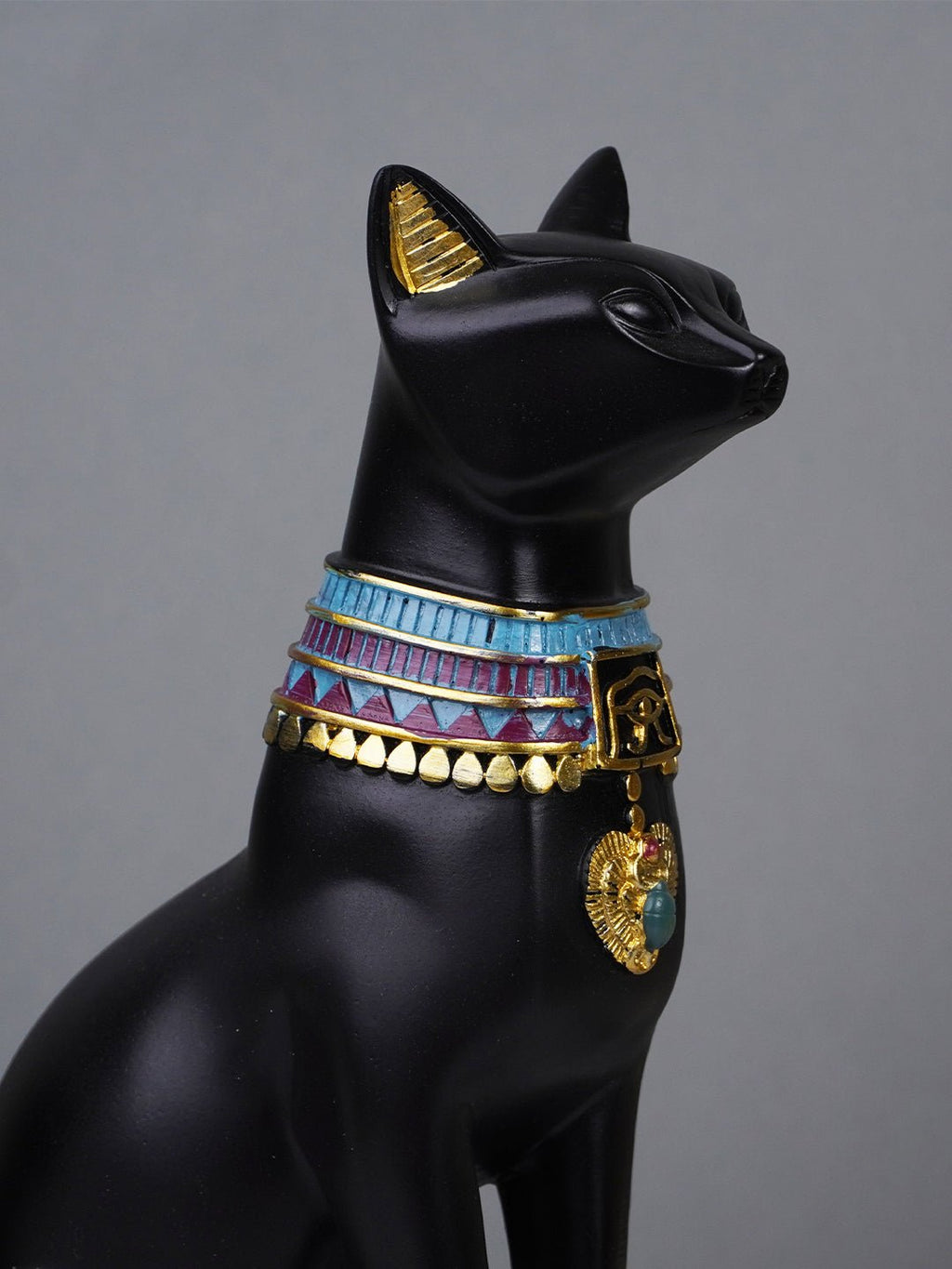Black Egyptian Cat Statue with Golden Jewelry and Colorful Collar - The Golden Theory