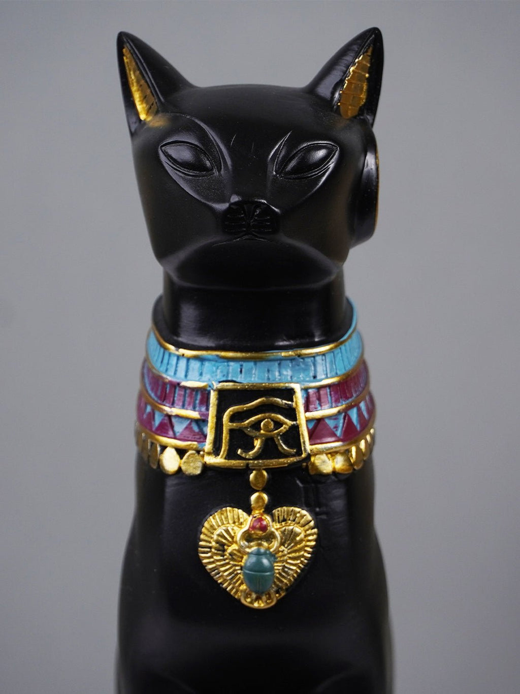 Black Egyptian Cat Statue with Golden Jewelry and Colorful Collar - The Golden Theory