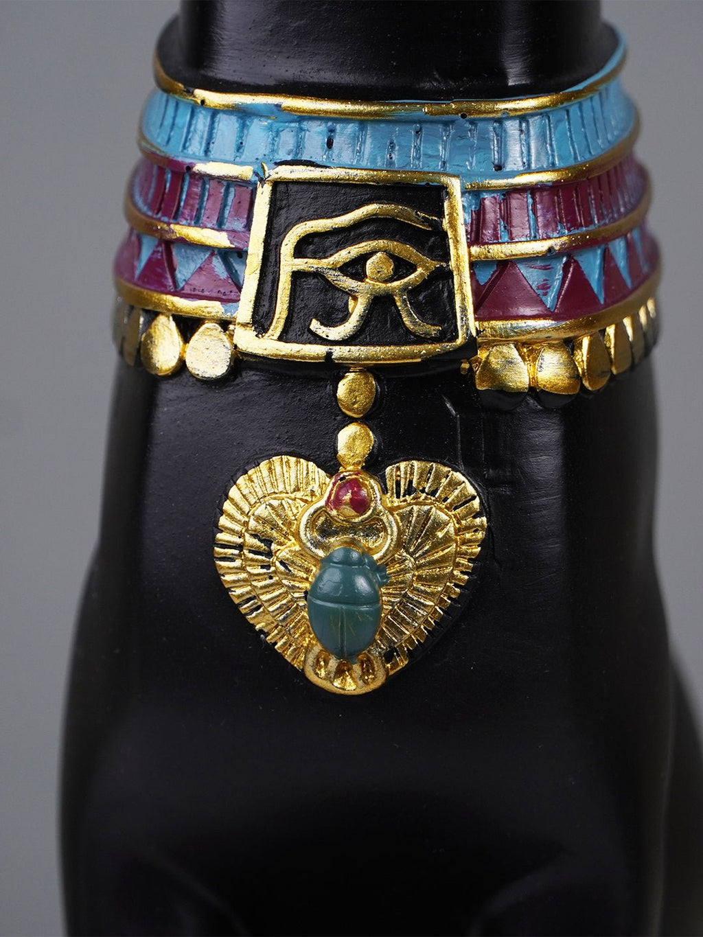 Black Egyptian Cat Statue with Golden Jewelry and Colorful Collar - The Golden Theory
