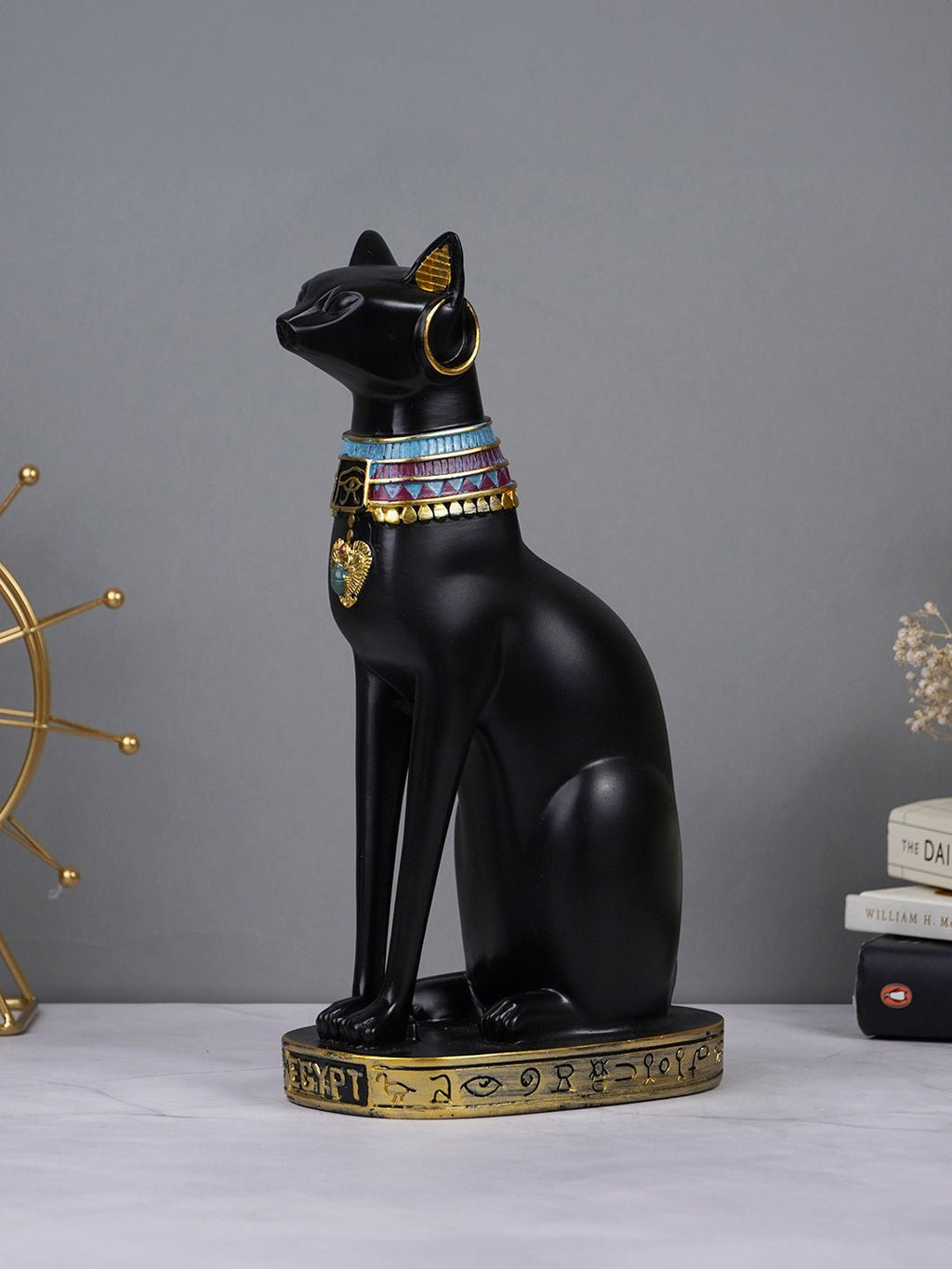 Black Egyptian Cat Statue with Golden Jewelry and Colorful Collar - The Golden Theory