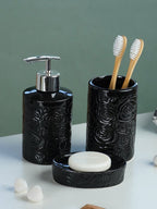 Black Embossed Rose Ceramic Bathroom Set of 3 - The Golden Theory