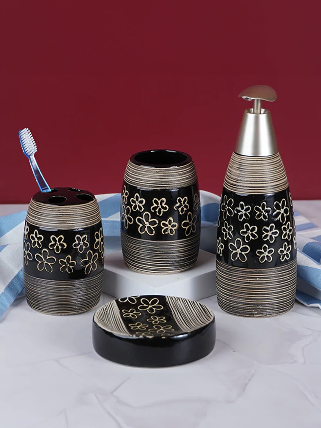 Black Floral Ceramic Bathroom Accessories Set of 4 - The Golden Theory Main image