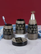 Black Floral Ceramic Bathroom Accessories Set of 4 - The Golden Theory