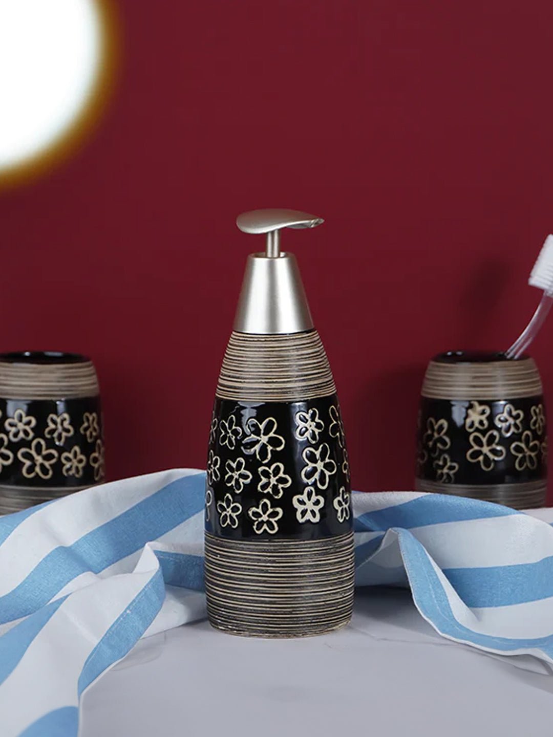 Black Floral Ceramic Bathroom Accessories Set of 4 - The Golden Theory