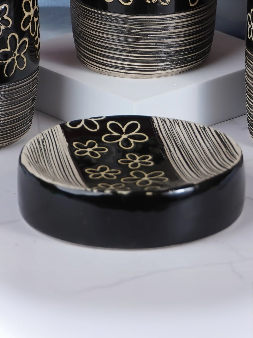 Black Floral Ceramic Bathroom Accessories Set of 4 - The Golden Theory
