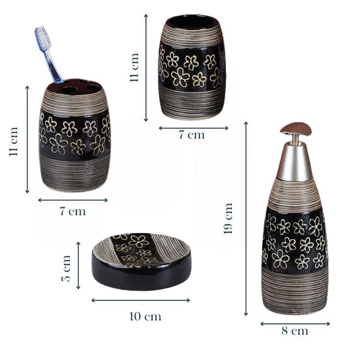 Black Floral Ceramic Bathroom Accessories Set of 4 - The Golden Theory