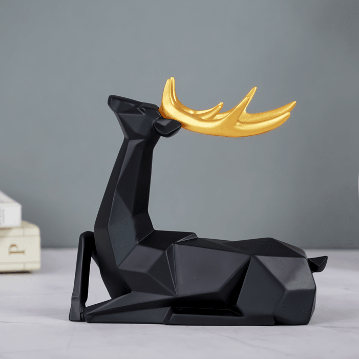 Black Geometric Deer Figurine with Gold Antlers - The Golden Theory