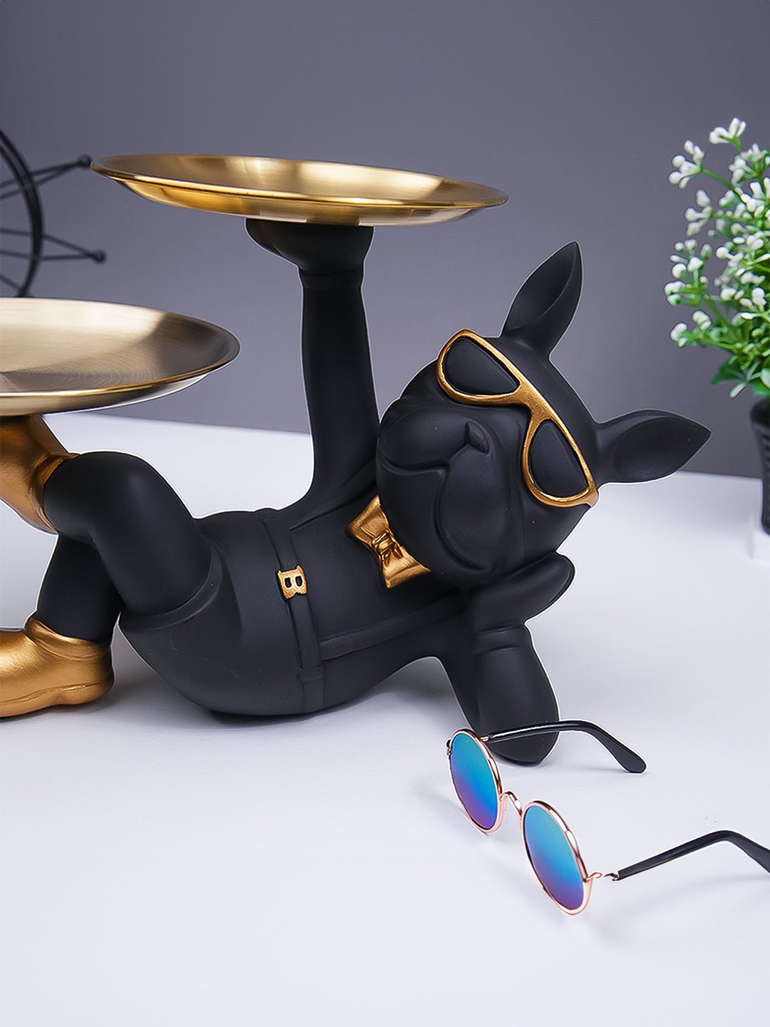 Black & Gold Bulldog Tray Stand with Sunglasses - The Golden Theory