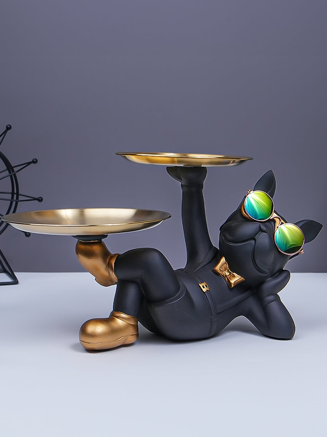 Black & Gold Bulldog Tray Stand with Sunglasses - The Golden Theory