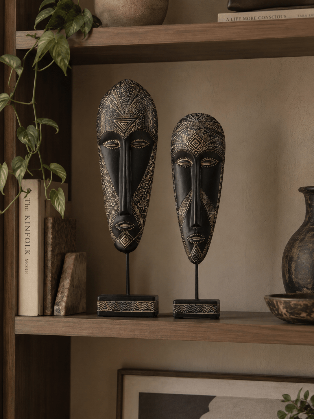 Black & Gold Tribal Mask Sculpture Set on Stand Secondary image