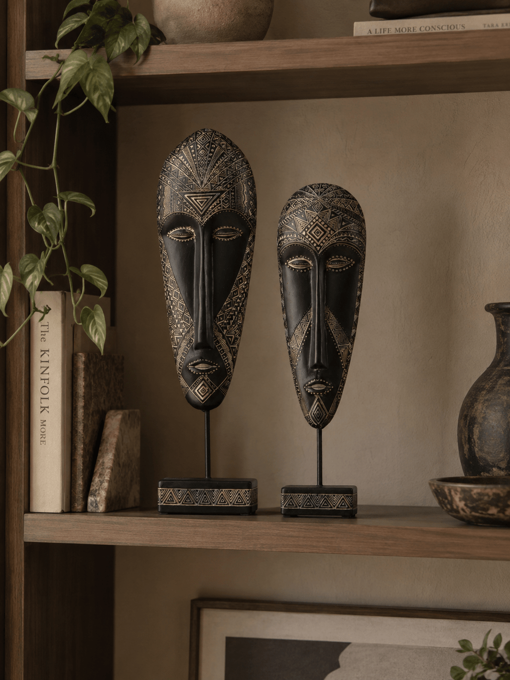 Black & Gold Tribal Mask Sculpture Set on Stand - The Golden Theory
