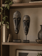 Black & Gold Tribal Mask Sculpture Set on Stand - The Golden Theory