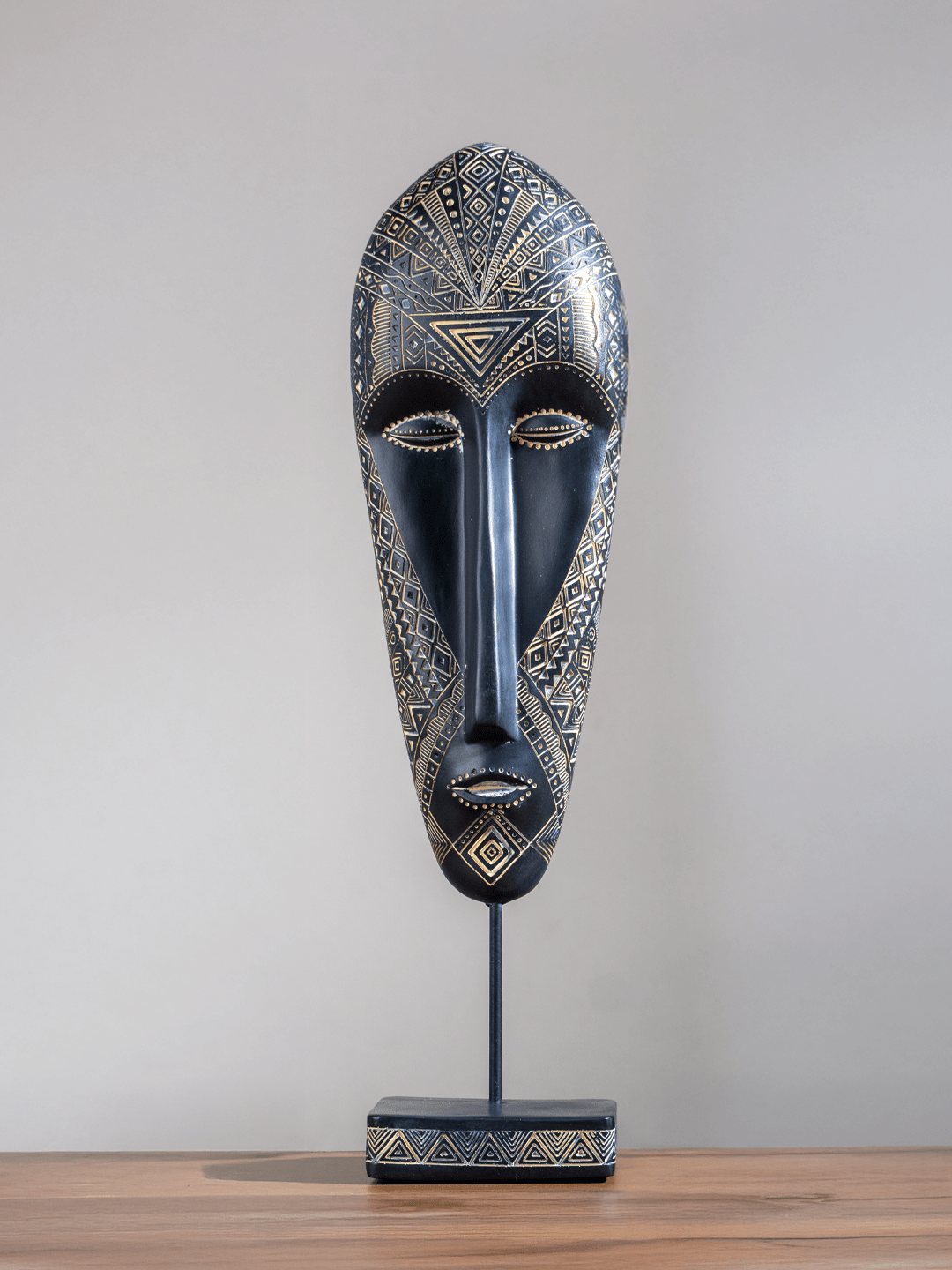 Black & Gold Tribal Mask Sculpture Set on Stand - The Golden Theory