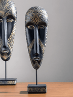 Black & Gold Tribal Mask Sculpture Set on Stand - The Golden Theory