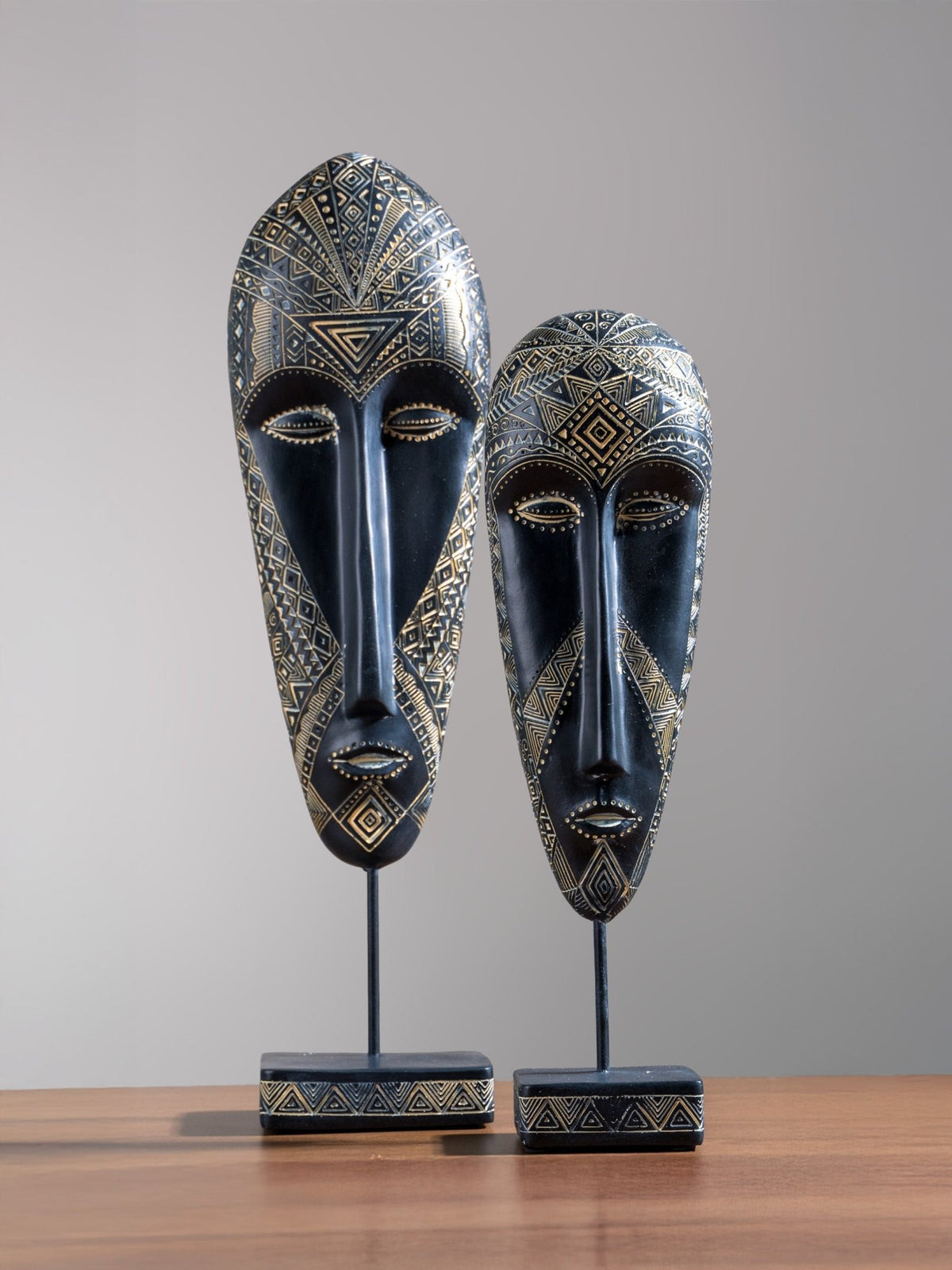 Black & Gold Tribal Mask Sculpture Set on Stand - The Golden Theory