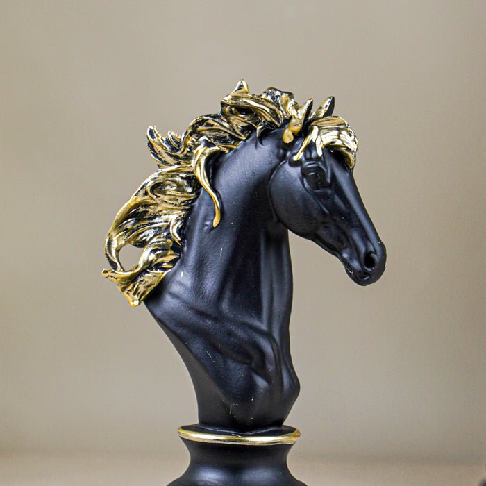 Black Horse Head Sculpture with Golden Mane - The Golden Theory