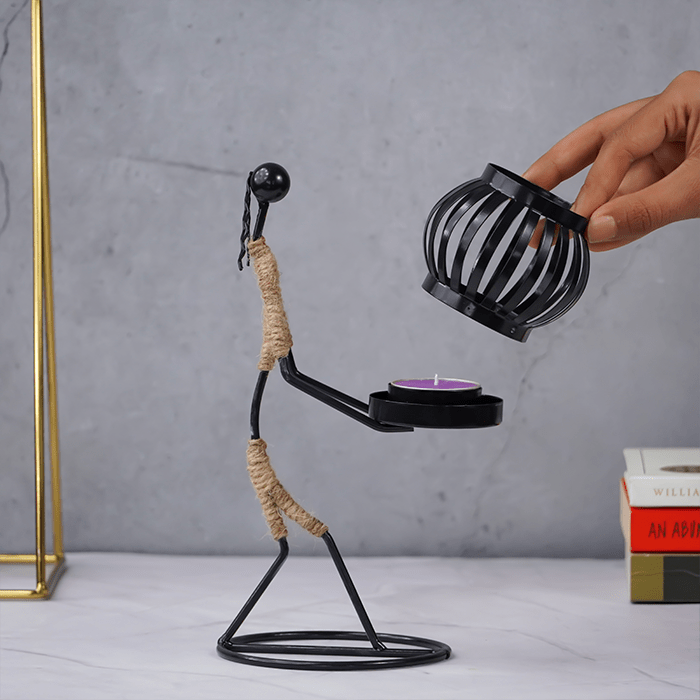 Black Iron Candle Holder with Jute Wrapped Design - The Golden Theory