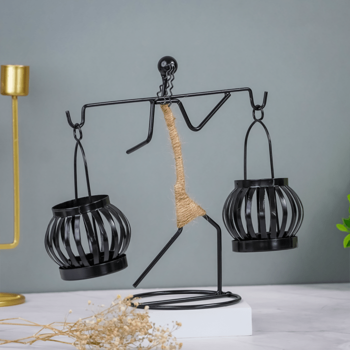 Black Metal Balance Sculpture with Rope Detail - Unique Lantern Design - The Golden Theory