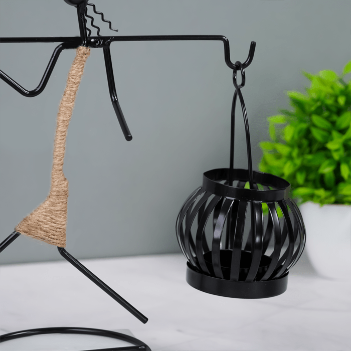 Black Metal Balance Sculpture with Rope Detail - Unique Lantern Design - The Golden Theory