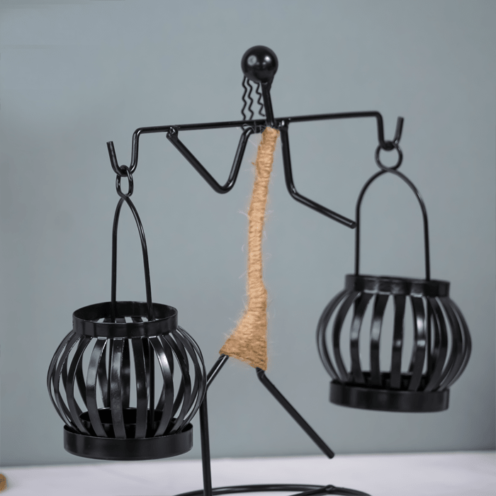 Black Metal Balance Sculpture with Rope Detail - Unique Lantern Design - The Golden Theory